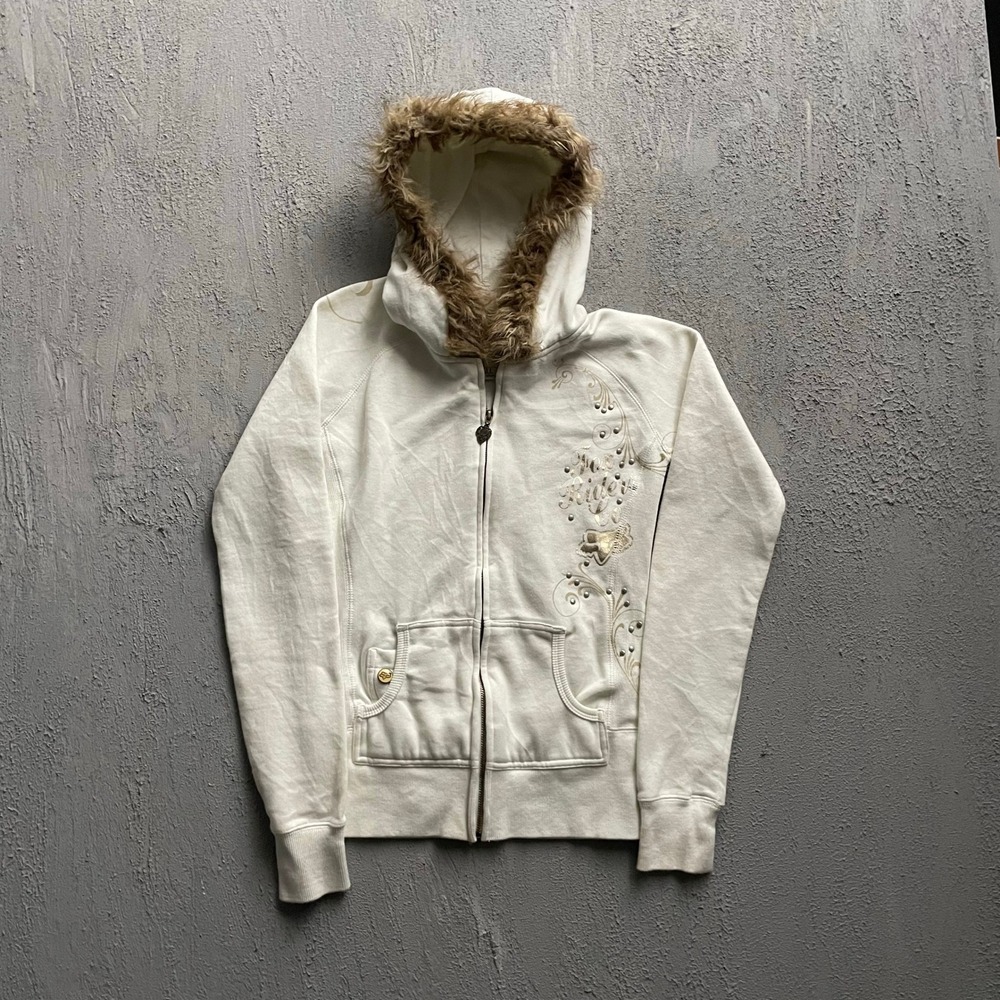 Vintage Faux Fur Trim Studded Zip Hoodie womens Small White 2000s Fox Racing